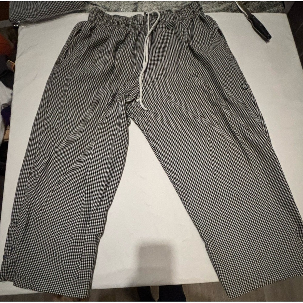 Chef Works Drawstring Pants XL Pockets Black White Checkered Baggie Style